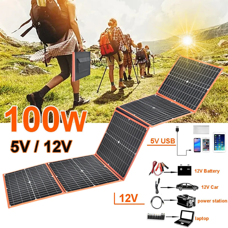 100w painel solar dobrável portátil carregador solar 12v bateria estação de energia 5v usb banco de potência do telefone móvel portátil campista caminhadas