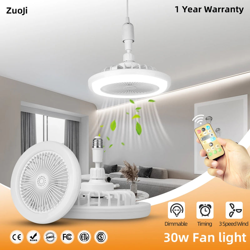 Ventilador de teto led com luz de teto com controle remoto e27 30w ventilador lâmpada de teto stepless iluminação regulável para sala de estar